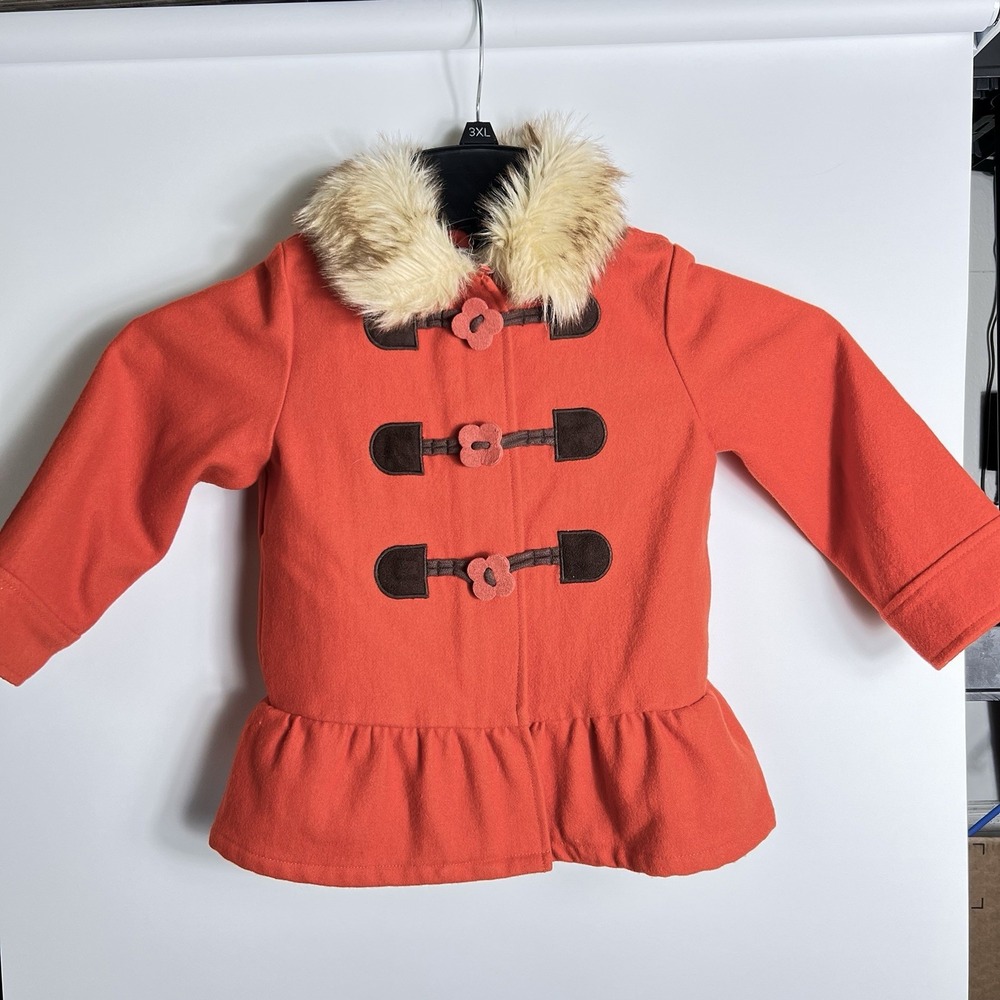 Gymboree Girls XS‎ 3-4 Red-Orange Wool Toggle Coat Faux Fur Collar Peacoat EUC